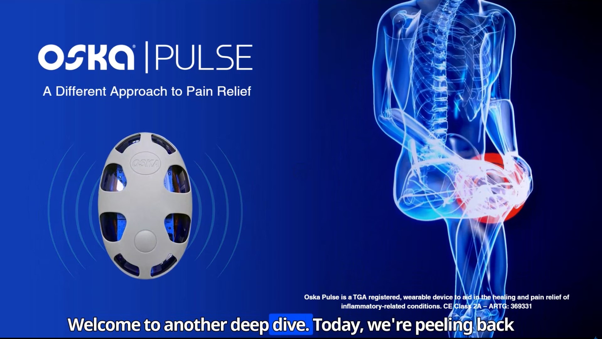 Oska Pulse device beside an illustration highlighting lower back pain